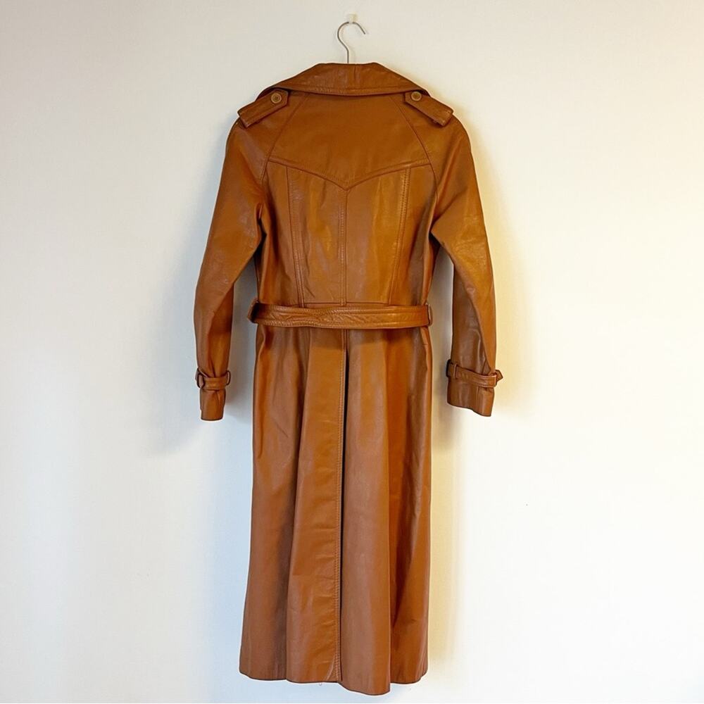 VINTAGE 1970s Jet Set of California Tan Cowhide Leather Trench Coat Belted - Picture 2 of 16